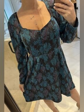 ModCloth - Teal Floral Long Sleeve Fit-and-Flare Dress